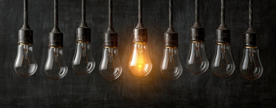 Row of vintage lightbulbs hanging against a dark background, one glowing brightly