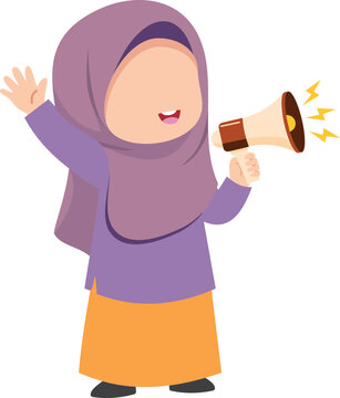Diverse Muslim Child with Megaphone for Business Announcements & Youth Marketing. Empowering Kids Call to Action Illustration.