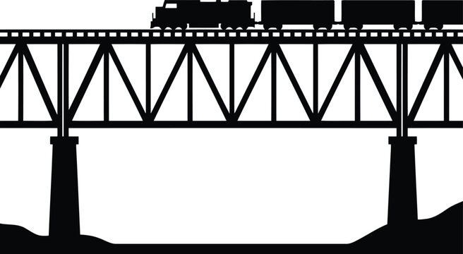 Black Silhouette of Steel Truss Bridge Isolated on White Background