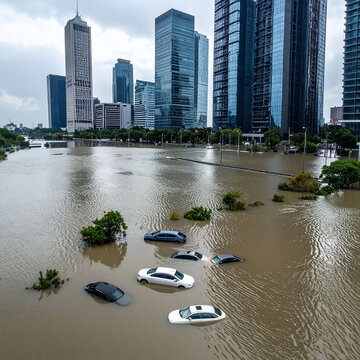 Aerial view of multiple cars submerged in deep, muddy floodwaters against a modern skyscraper skyline, conveying deep climate change anxiety and urban vulnerability. Nobody.