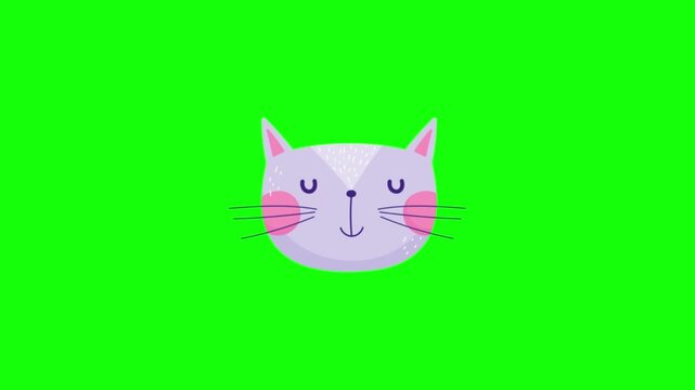 Flat design cartoon cat face illustration on bright green background minimal style