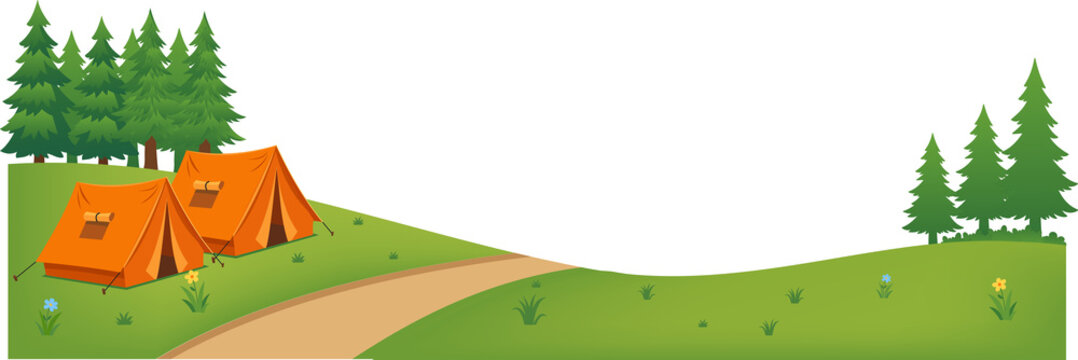 Camping Site Illustration Vector: Tents & Pine Trees for Outdoor Adventure Travel & Nature Background Banner Design