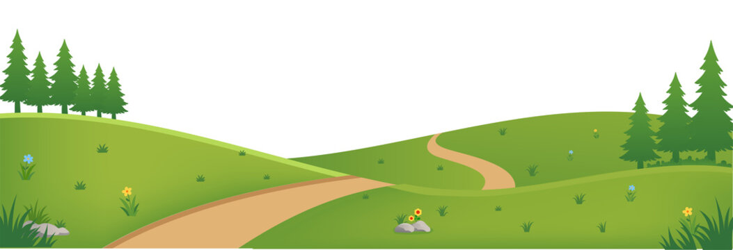 Green Hills Landscape Vector Background with Winding Path. Nature Illustration for Web Banners, Presentations, or Kids Design Projects