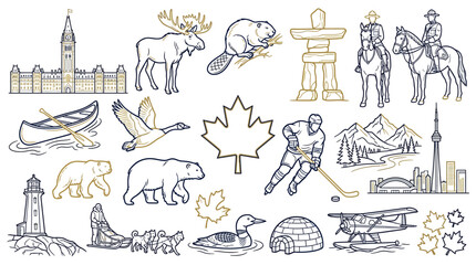 Collection of Canadian Symbols and Landmarks in a Sketchy Line Art Style. © Nuria