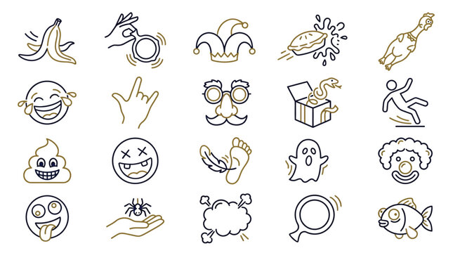 A collection of funny and playful icons representing jokes, pranks, and humorous situations.