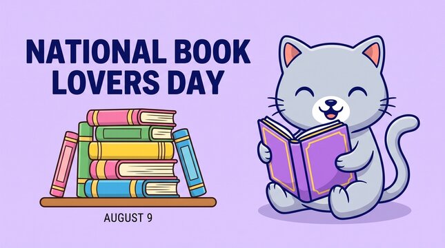 Cartoon cat reading a book on national book lovers day august 9