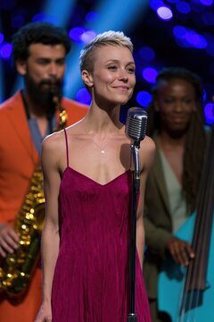 Slim female singer performing with vintage microphone and jazz trio under stage lights for concert poster or live music background