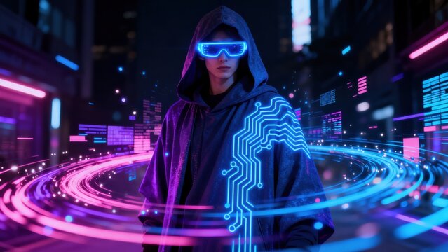Person in hooded cloak with glowing circuit design