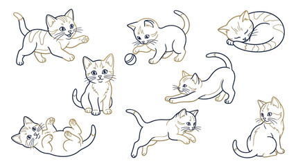 Fototapeta premium Collection of cute cartoon kittens in various playful poses, isolated on a white background.