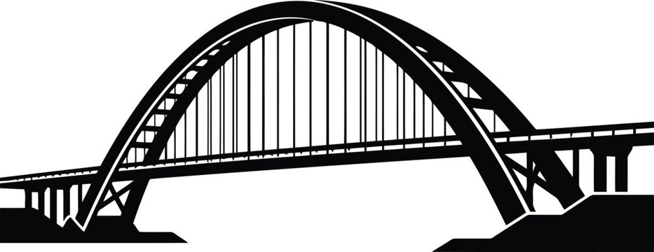 Black Silhouette of Modern Arch Bridge Isolated on White Background, Transportation Architecture Icon