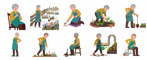 Fototapeta premium Senior Woman Gardening and Planting Character Set with Various Poses and Back Pain Illustration
