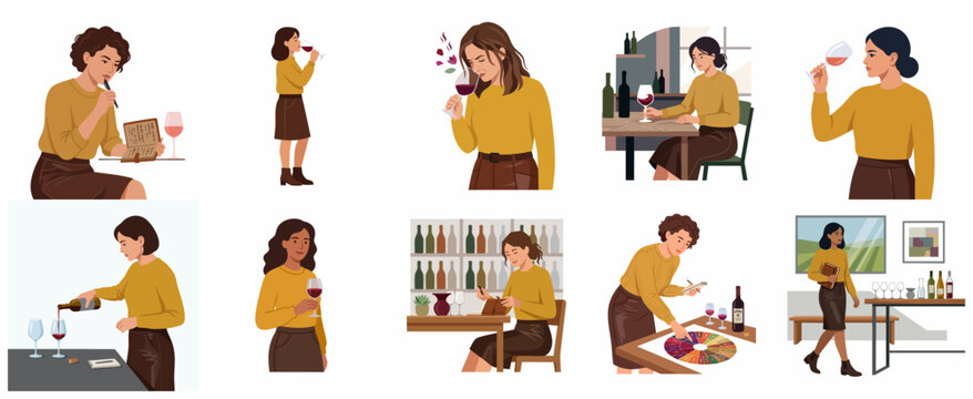 Set of illustrations of a female sommelier tasting wine, smelling aroma, pouring red wine, and taking notes in a wine cellar or restaurant