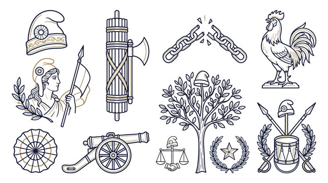 Collection of historical symbols and emblems including a fasces, broken chain, cannon, and rooster.