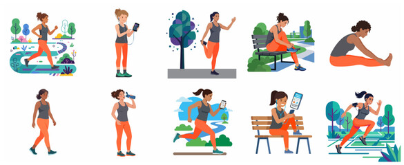 Fototapeta premium Flat vector illustration set of diverse women exercising, jogging, and using fitness apps in outdoor park settings.