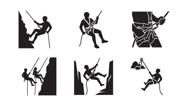 Set of black silhouettes representing rock climbers and abseiling activities.