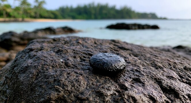 Dark, wet stone rests on larger rock, blurred ocean, sand, palms backdrop