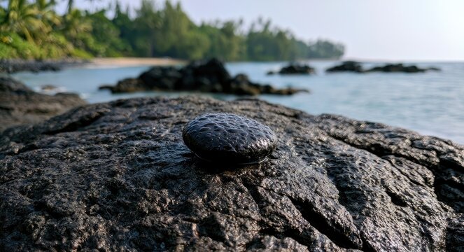 Wet, dark stone foreground on rocky beach with ocean and palms