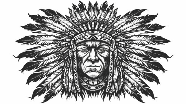 Intricate black and white illustration of a native american chief in traditional headdress