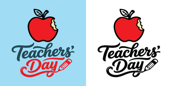 Teachers' day greeting with apple and pencil illustration