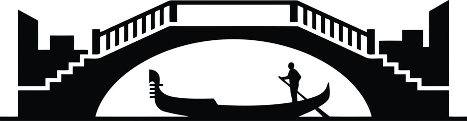 Silhouette of Bridge with Kayak Rowers Under Arch, Black and White Vector Illustration © SAIF820