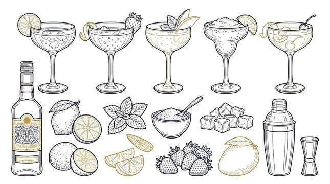 Collection of hand-drawn cocktails, ingredients, and bar tools, perfect for a vintage-style beverage advertisement or menu design.