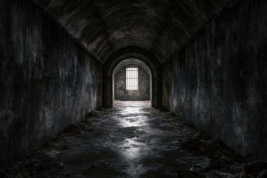 Dark, grimy, arched corridor with faint light from barred window