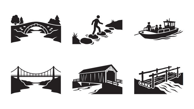 Set of black and white bridge and river crossing icons.