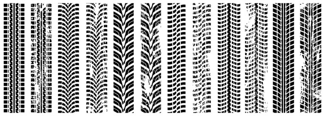Seamless car tracks set. Drift marks on asphalt. Wheel imprint. Tires trail road. Isolated vector set © nosyrevy