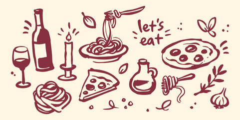 Italian Food And Wine Doodle Set Hand Drawn Vector Illustration