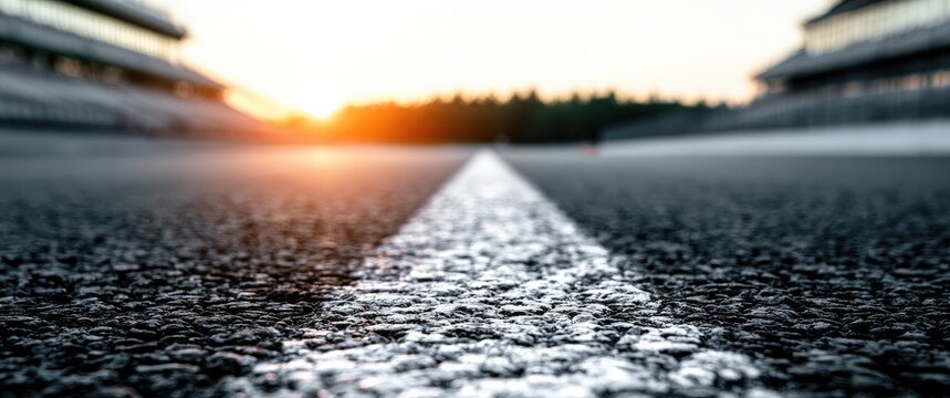 A low-angle view of an asphalt race track with a white line stretching towards a sunset