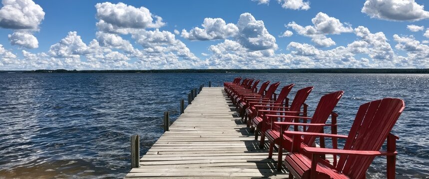 Red Adirondack chairs line a wooden dock extending into a calm blue lake
