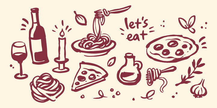 Italian Food And Wine Doodle Set Hand Drawn Vector Illustration
