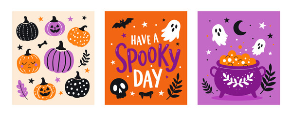 Fototapeta premium Halloween pumpkin ghost bat skull cauldron potion typography poster collection. Have a spooky day text banner greeting card set. Autumn october holiday celebration party graphics vector