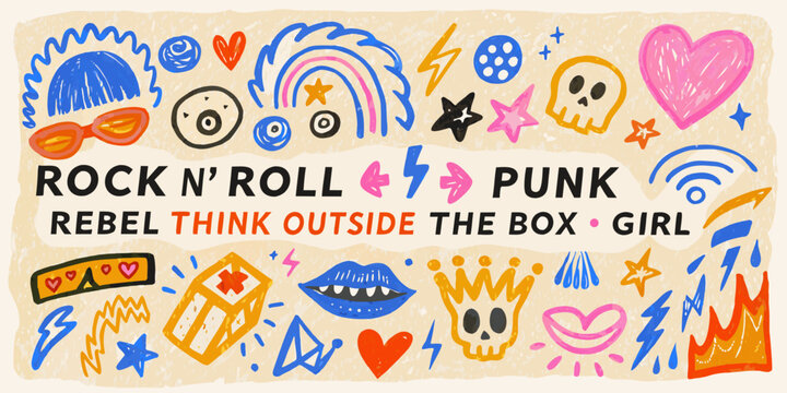Punk Rock Themed Doodle Collection Colorful Vector Illustration