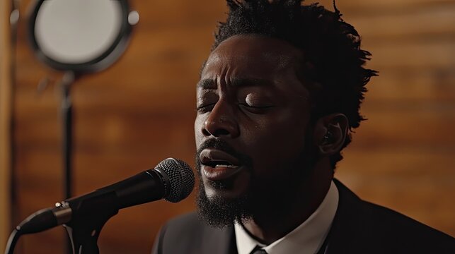 Close up of a man singing into microphone in studio