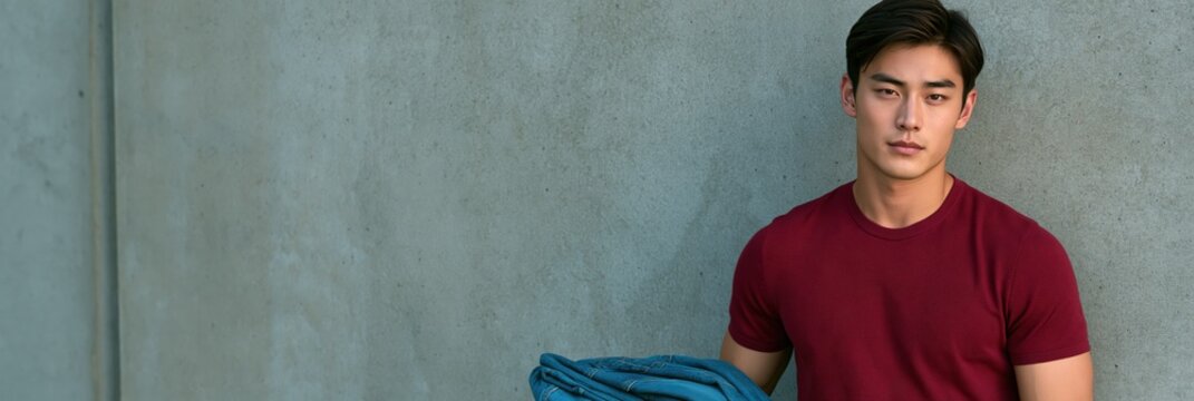 Young man in maroon shirt holding a folded denim jacket against a concrete wall for portrait and fashion background use