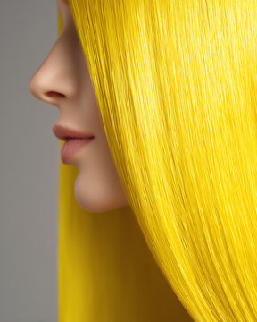 Woman with yellow hair in profile on gray background