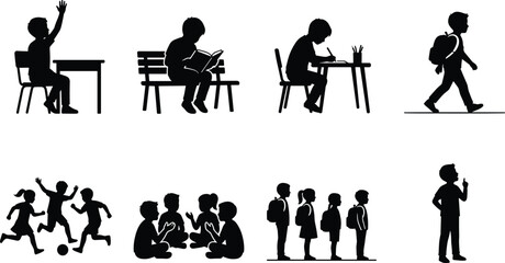 Obraz premium School Children Silhouette Vector Set Featuring Students Reading Studying Walking and Playing Soccer Isolated on White