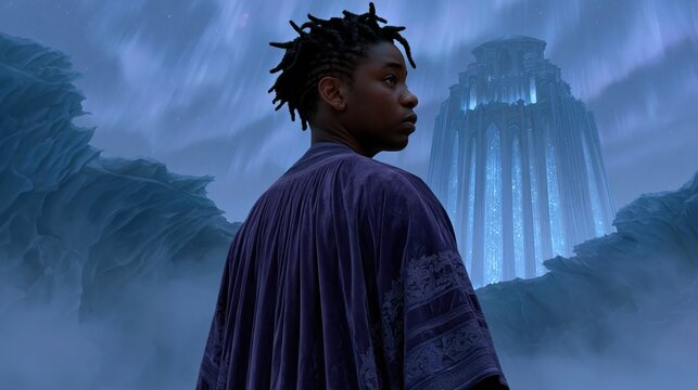 Young man standing in icy mist looking toward a luminous tower for fantasy background and concept poster design