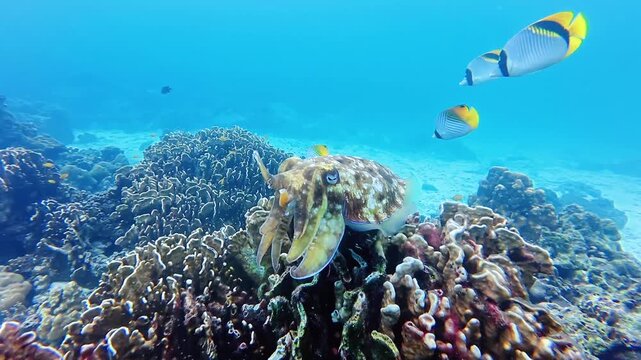 Broadclub Cuttlefish Gliding Over Coral Reef
