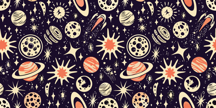 Retro Space Pattern Vector Illustration With Planets And Stars