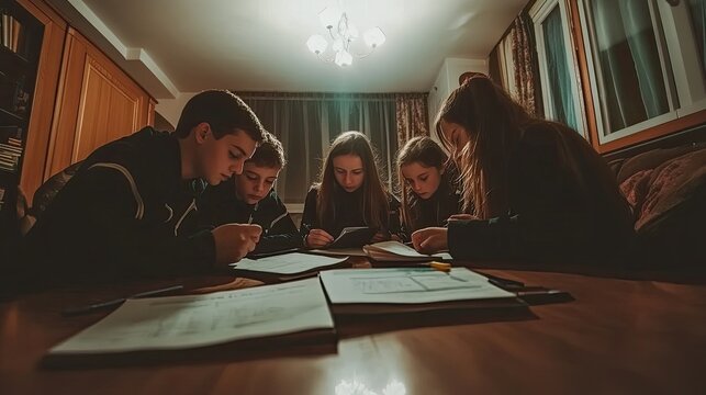 Teenagers studying together at night group teamwork education concept