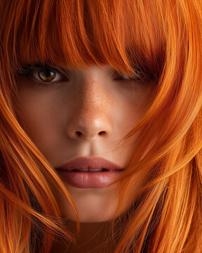 Young redhead woman looking at camera on dark background