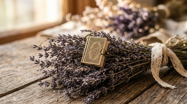 Miniature antique locket book resting on a rustic bouquet of dried lavender. Vintage floral arrangement on a wooden table. Concept of nostalgia, literary inspiration and home decor.