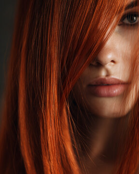 Redhead woman with hair covering face on dark background