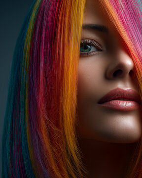 Woman with colorful hair covering face on dark background