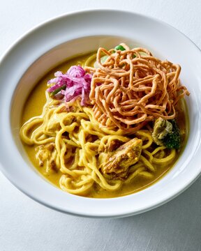 Mouthwatering thai khao soi featuring vibrant noodles and fresh ingredients captured in stunning food photography