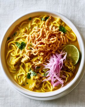 Tasty and traditional thai khao soi featuring chicken and vibrant fresh herbs served in a beautiful bowl