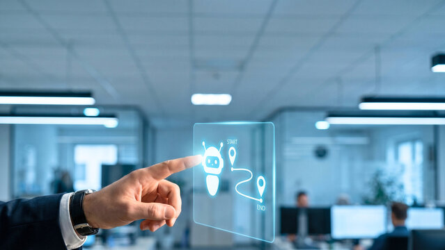 Businessperson's hand touching panel with robot icon beside route line connecting two location-pin icons in blue, AI navigation logistics agent concept, automated path optimization, route AI