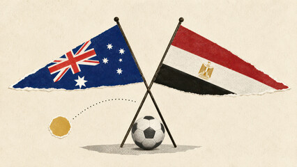 Obraz premium Australia and Egypt football match graphic with national flag colours, collage style illustration